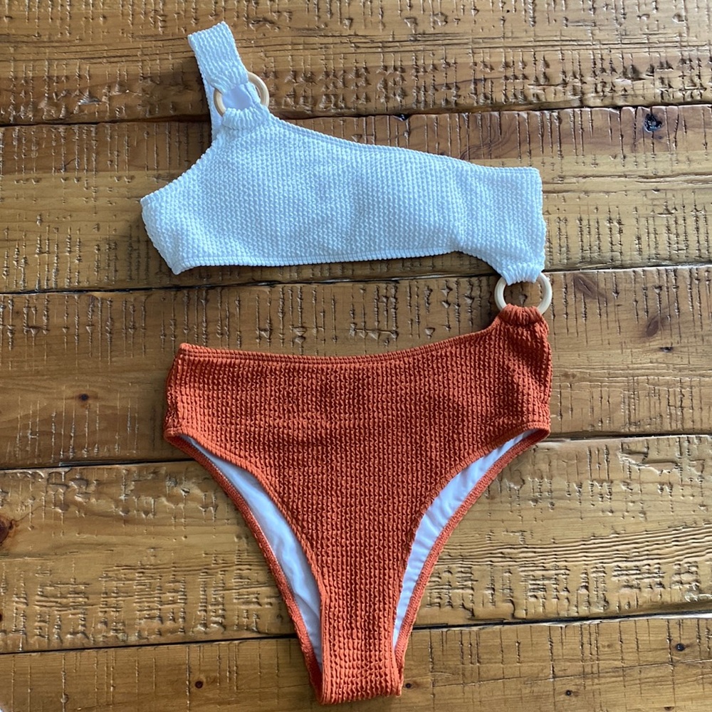 White and burnt orange/tan swimsuit